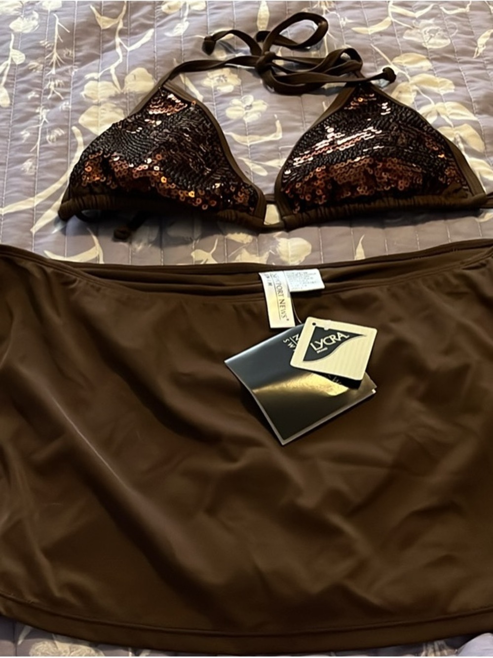 Newport News Brown Sequin Triangle Bikini Top with Skirted Bottom